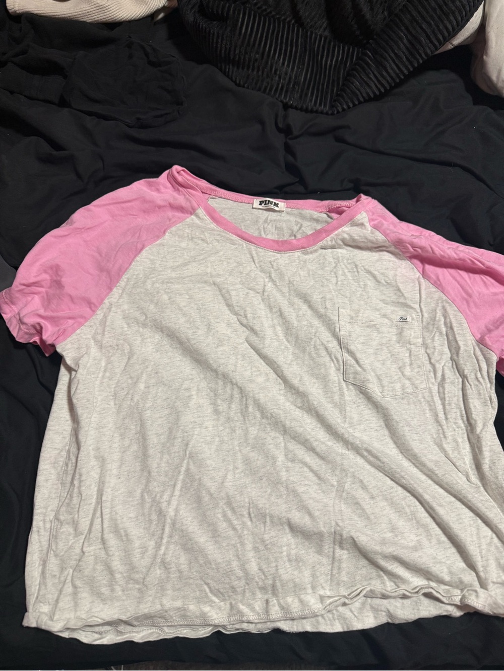 PINK Victoria's Secret Light Gray Tee with Pink Raglan Sleeves